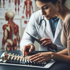 A close-up of a physiotherapist consulting with a patient, emphasizing personal and professional care. The physiotherapist is explaining a model of the spine