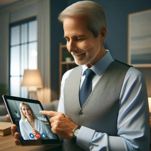 A compassionate funeral director holding a tablet, engaging in a video call, with a comforting and empathetic expression