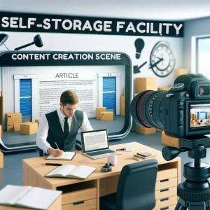 A content creation scene for a self-storage facility. The image shows a team member writing a blog post on a laptop, surrounded by a camera