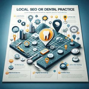 A creative and informative infographic illustrating local SEO for dental practices. The image includes elements of map pinpointing