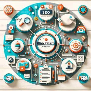 A creative and visually appealing infographic-style image, incorporating key elements of content strategy for daycare services