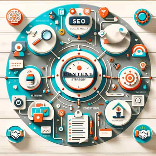 A creative and visually appealing infographic-style image, incorporating key elements of content strategy for daycare services