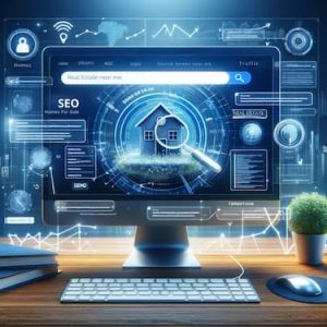 A creative visualization of SEO in real estate. The image shows a computer screen displaying a search engine results page, with a real estate website