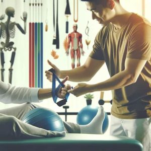 A hands-on physiotherapy session with a therapist assisting a patient in performing exercises. The therapist is helping the patient use equipment