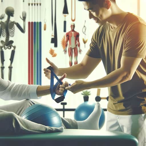 A hands-on physiotherapy session with a therapist assisting a patient in performing exercises. The therapist is helping the patient use equipment