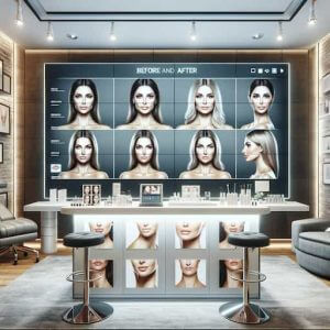 A high-quality 'before and after' gallery in a medical aesthetic clinic, illustrating the results of aesthetic treatments