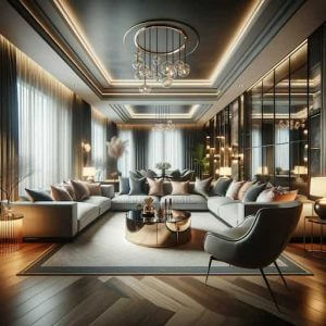 A luxurious, stylish living room interior of a modern home, representing high-quality real estate visuals used in content marketing