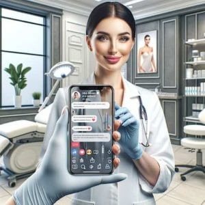 A medical aesthetic clinic staff member creating an engaging Instagram story or live Q&A session. The image shows the staff member holding a smartphone