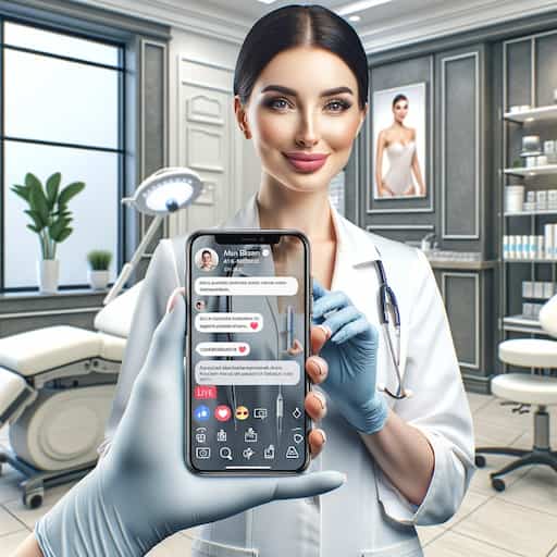 A medical aesthetic clinic staff member creating an engaging Instagram story or live Q&A session. The image shows the staff member holding a smartphone