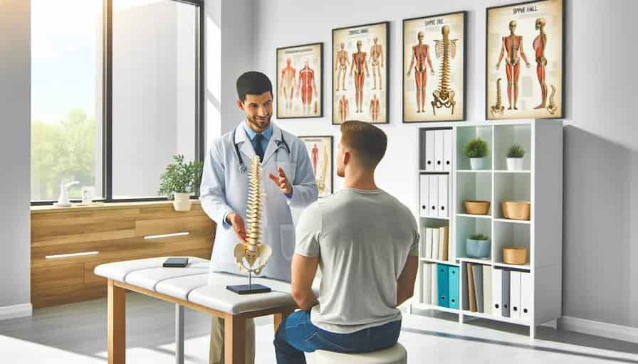 A modern and inviting chiropractic clinic with a professional chiropractor discussing with a client. The clinic is bright and clean, with educational posters