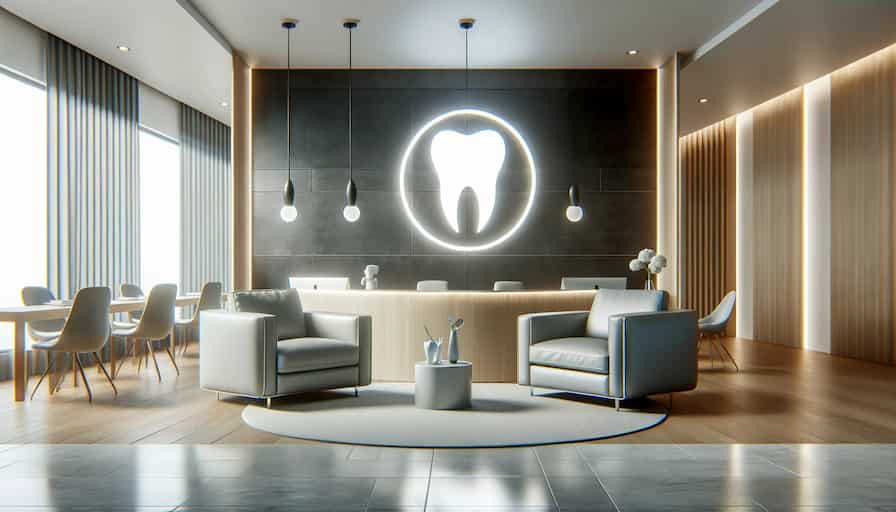 A modern and sleek dental office reception area, designed to represent professionalism and comfort. The reception feature has a clean design