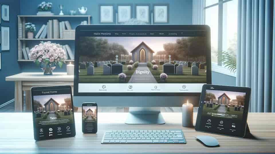 Funeral Director Content Marketing: Innovative Strategies for Enhancing Visibility 1 A modern and welcoming funeral home website displayed on a desktop screen, showcasing an intuitive design with easy navigation