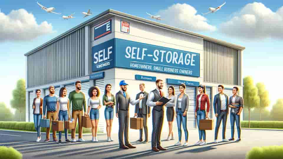 Self-Storage Facility Growth: Effective Content Marketing Strategies 1 A modern self-storage facility with clear branding, set against a clear sky. In the foreground, a diverse group of customers including homeowners