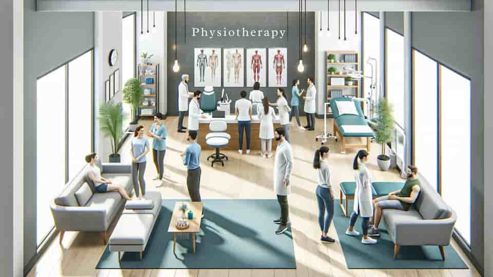 A modern, welcoming physiotherapy clinic with a diverse group of professionals engaging with patients. The scene includes treatment rooms and patients