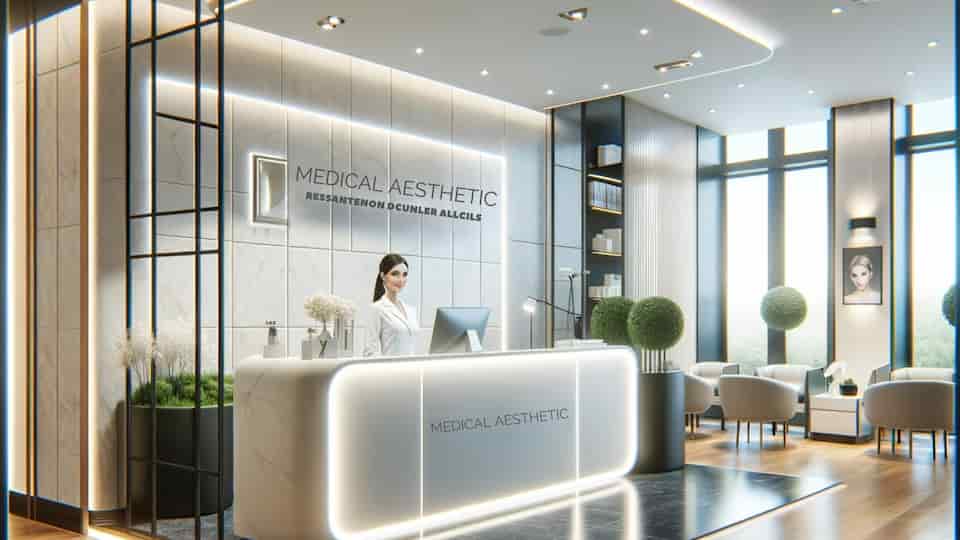 Medical Aesthetic Clinics: Creative Content to Boost Online Exposure 1 A professional and modern medical aesthetic clinic reception area. The scene shows a welcoming, sophisticated space with a clean design