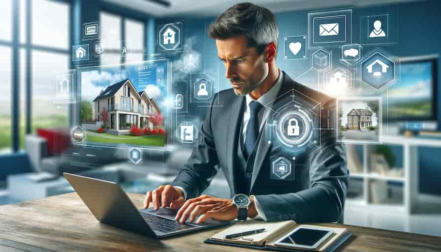 Content Marketing Strategies for Real Estate Agency Success 1 A professional real estate agent in an office, using digital marketing tools such as a laptop and tablet