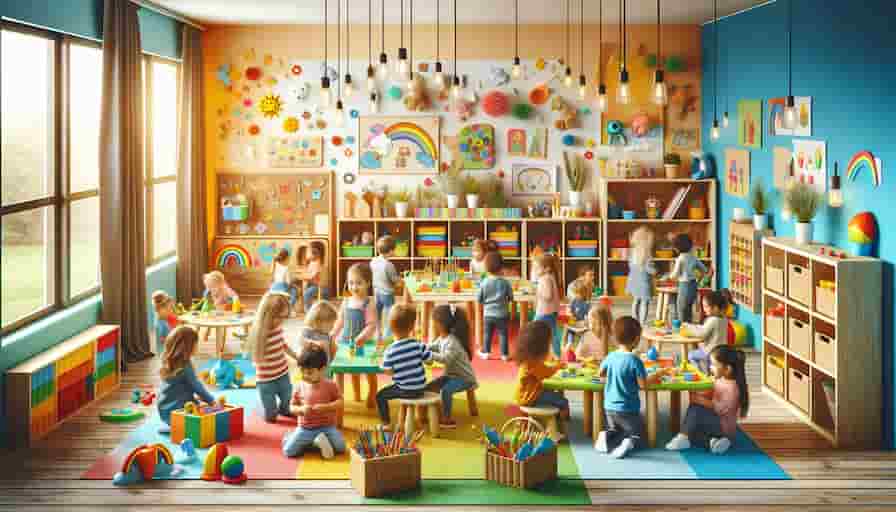 Increase Your Daycare Service Exposure: Agency Content Strategies 1 A vibrant and engaging scene showing a modern, colorful daycare environment. The image features children of diverse backgrounds engaged in playful activities