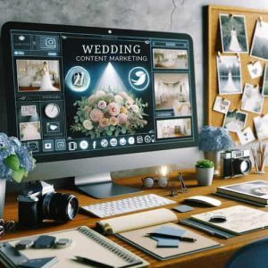 An image depicting a creative workspace for wedding content marketing. The scene includes digital marketing tools, such as a computer
