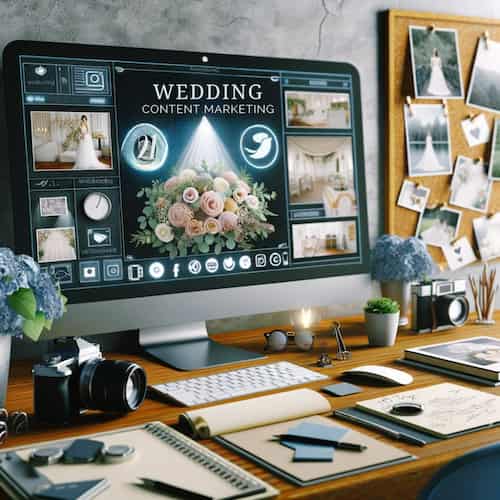 An image depicting a creative workspace for wedding content marketing. The scene includes digital marketing tools, such as a computer