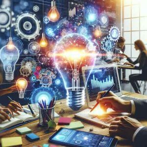 An image focusing on innovation and joint marketing efforts in brand partnerships. The image illustrates a creative fusion of technology