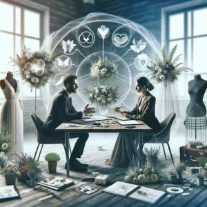 An image representing strategic brand partnerships in the wedding industry. The scene depicts a professional meeting with a wedding planner