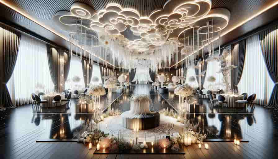 Content Marketing and Brand Linking for Innovative Wedding Service Promotion 1 An image showing a modern and innovative wedding setting. The scene includes unique and stylish wedding decorations