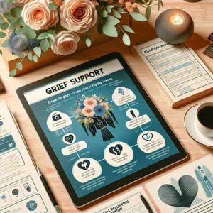 An infographic on grief support visible on a digital device, surrounded by other funeral planning resources like guides, checklists