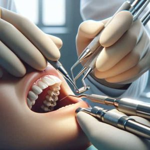 Close-up image of a dentist's hands working on a patient's teeth, using advanced dental equipment