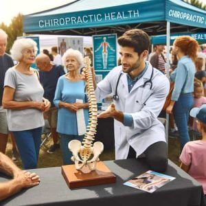 Image of a chiropractor at a community health event, engaging with the public. The setting is outdoors with a tent labeled 'Chiropractic Health Booth'