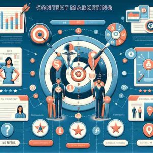 Infographic for chiropractic content marketing, featuring key elements_ audience targeting, local SEO, engaging content, social media, and patient testimonials