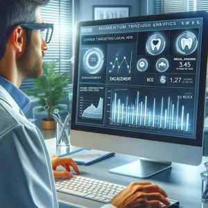 A close-up, engaging visual of a dental clinic staff member analyzing data on a computer screen, reflecting the monitoring of ad performance