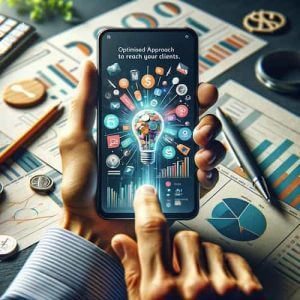 A close-up image of a hand holding a smartphone, displaying an interactive financial app with engaging content such as infographics and videos