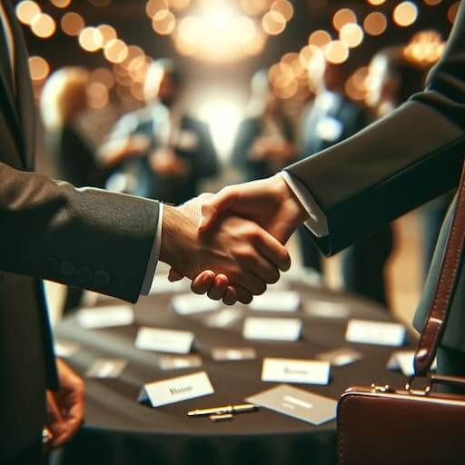 A close-up image of a lawyer's hand shaking another person's hand against the backdrop of a networking event. The focus is on the connection being made