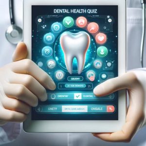 A close-up of a dental professional's hands holding a tablet displaying an interactive dental health quiz interface. The tablet screen shows a colorful screen with question options