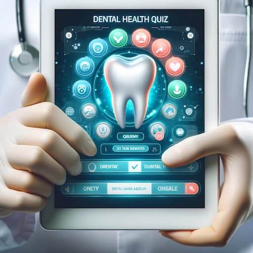 A close-up of a dental professional's hands holding a tablet displaying an interactive dental health quiz interface. The tablet screen shows a colorful screen with question options