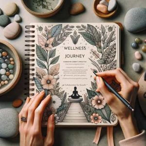 A close-up of a person's hands holding a beautifully illustrated journal and a pen, surrounded by natural elements such as stones, leaves