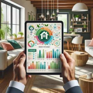 A close-up of a real estate professional's hands holding a tablet, displaying a colorful infographic about energy-efficient homes