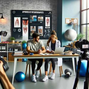 A collaborative scene showing a physiotherapist and a digital brand partner working together on creating content. The setting is a modern office