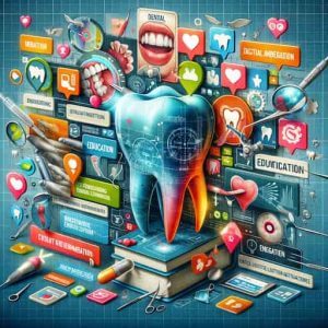 A creative collage showcasing various types of dental practice content. The image includes a segment of an infographic on dental procedures