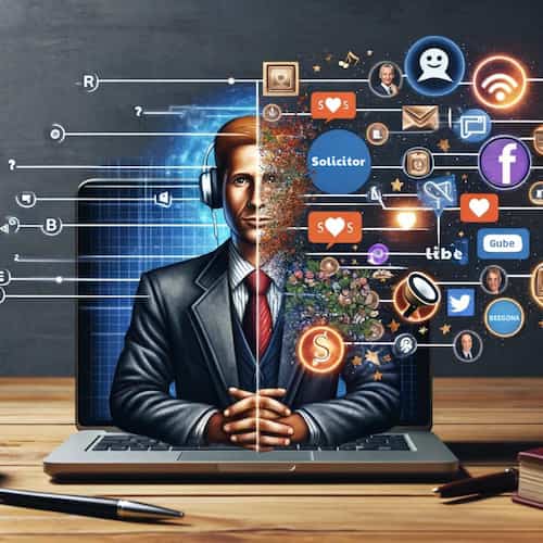 A creative representation of a solicitor engaging with a diverse online community through various media outlets – podcasts, social media, and webinars