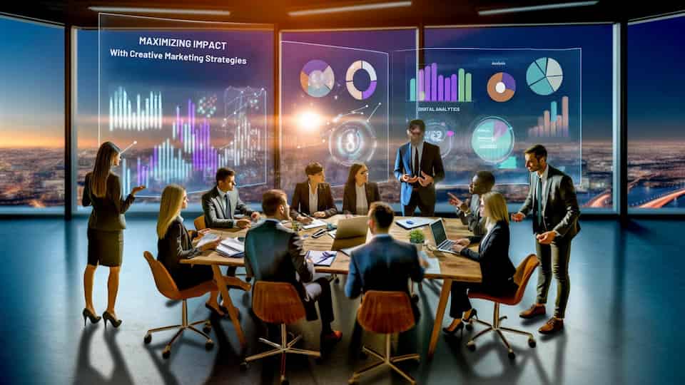 Maximize Impact for Accountant Services with Creative Marketing Strategies 1 A dynamic, engaging scene showing a group of accountants around a conference table, actively discussing strategies with digital display screens