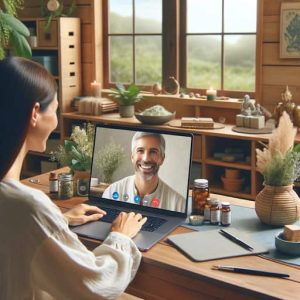 A holistic practitioner engaged in a video call on a laptop in a tranquil workspace, showing a collaboration moment