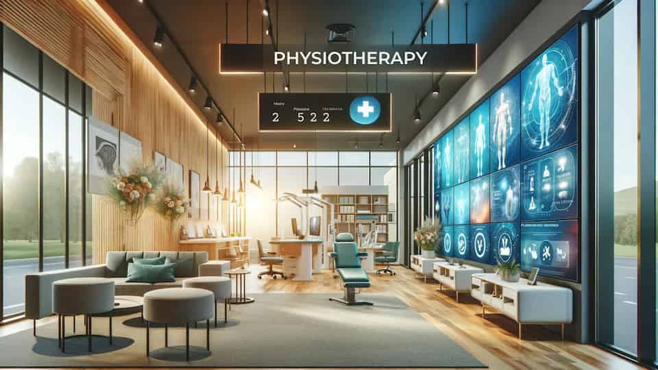 Physiotherapy Branding Strategies: Engaging Content & Innovative Tactics for Enhanced Visibility 1 A modern, brightly lit physiotherapy clinic interior, showcasing a blend of professional healthcare and advanced technology