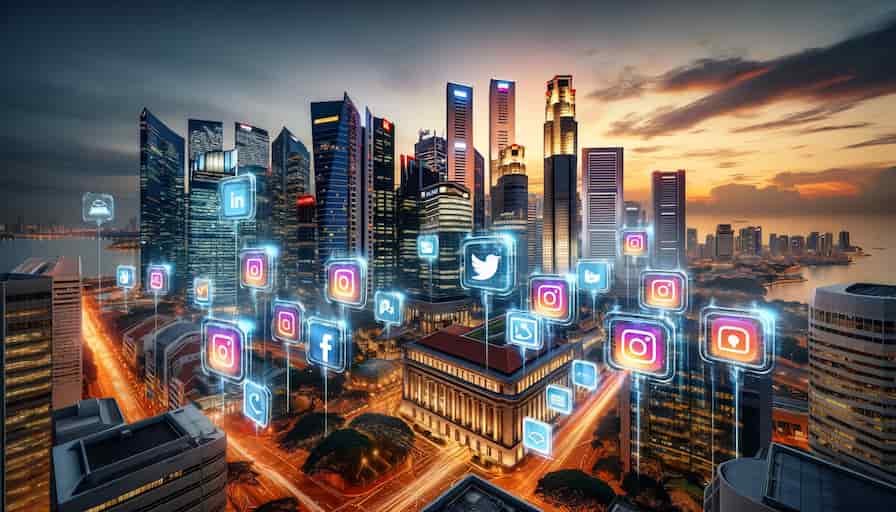 Cost Effective Media Exposure For Singapore Law Firms 1 A modern, bustling cityscape of Singapore at twilight, showcasing the legal district with skyscrapers illuminated from within
