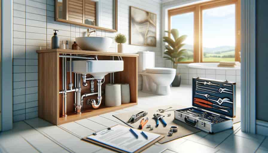 Content Marketing Tips for Plumbers: Business Transformation & Exposure 1 A modern, clean, and well-lit home bathroom with visible plumbing work under the sink, showcasing a neat and professional plumbing installation