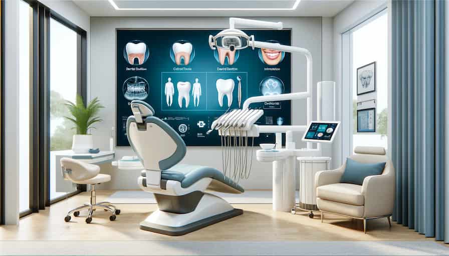 Dental Practice Growth: Innovative Content Strategies and Tips 1 A modern, clean dental office featuring a dental chair surrounded by advanced equipment, a large screen displaying educational dental content