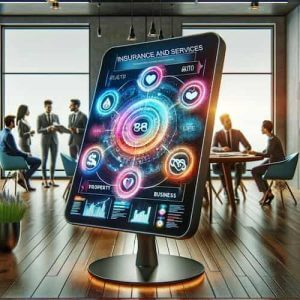 A modern insurance brokerage office, with a focus on a digital interactive display showing a dynamic, colorful infographic about the benefits of insurance cover
