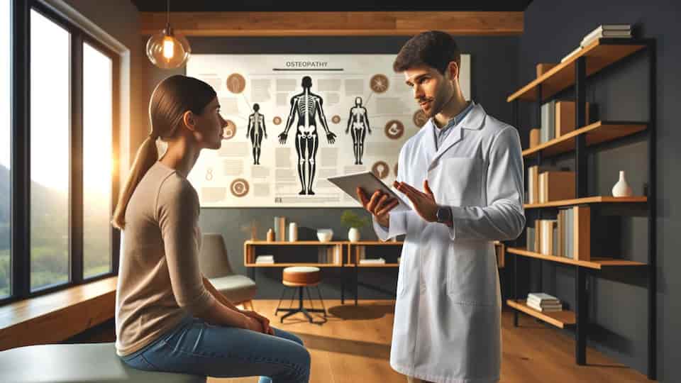 Effective Osteopath Content Marketing Strategies & Brand Promotion Tips 1 A professional osteopath in a modern clinic room consulting with a patient. The room is well-lit and inviting, featuring a clean, minimalist design