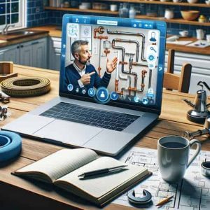A professional plumber offering a virtual consultation to a homeowner via a laptop on a kitchen table. The plumber is visible on the screen