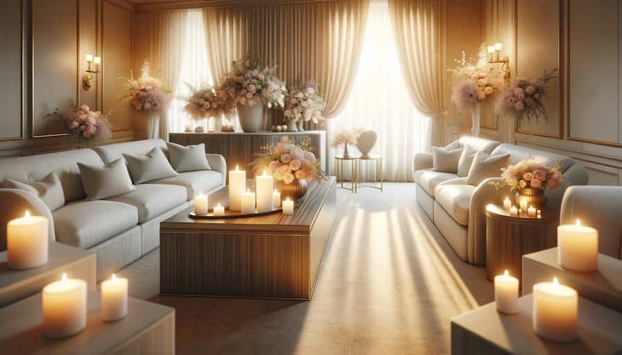 Funeral Home Marketing Strategies: Content Tips, Examples & Tactics 1 A serene and comforting scene inside a funeral home, showcasing a tranquil environment designed for solace and reflection. The image features softly light room